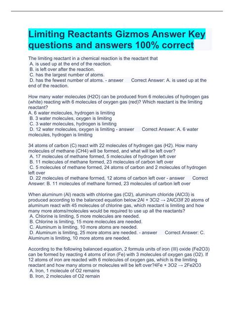 Limiting Reactions Gizmos Answer Key Epub