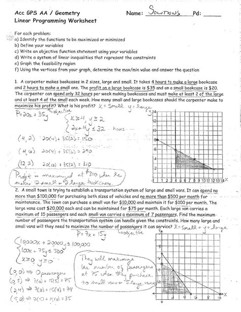 Linear Programming Worksheet With Answer Key Doc