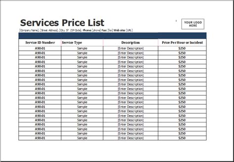List Of Services Template