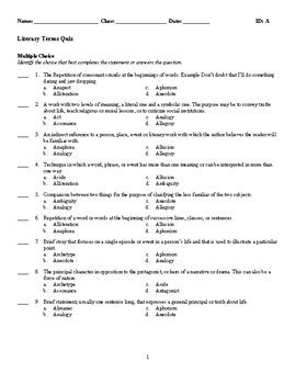 Literary Terms Test Multiple Choice With Answers Doc