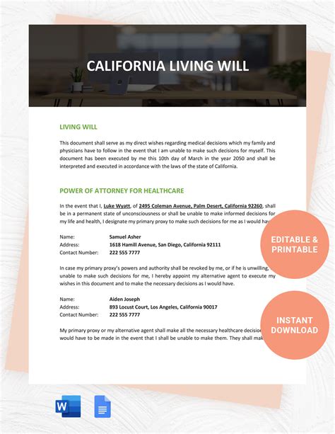 Living Will Template California