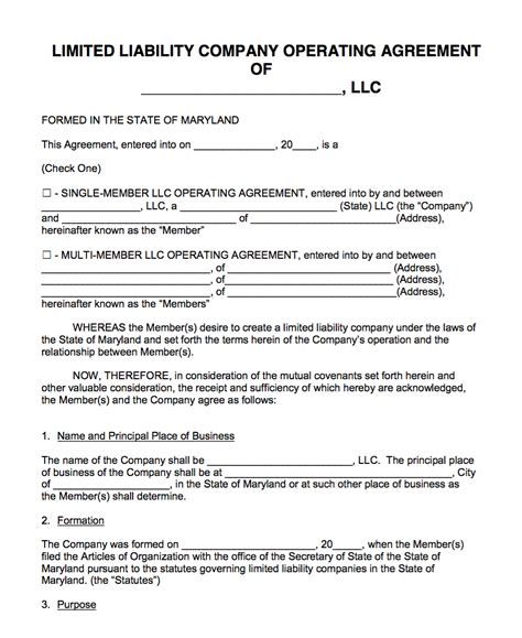 Llc Operating Agreement Template Maryland