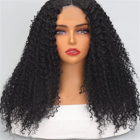 Long Black Curly Wig Curly Synthetic Lace Front Cropped Bangs Wigs