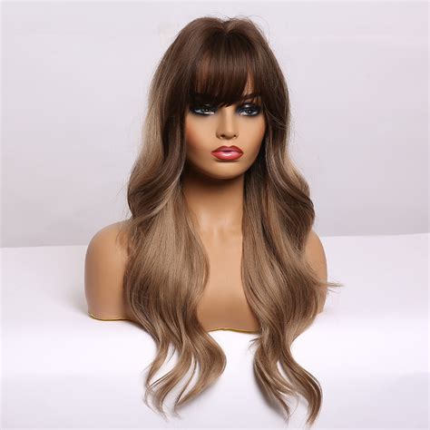 Long Body Wave Brown Wigs Heat Resistant Synthetic Ombre Wigs with Bangs for Women Daily Wear