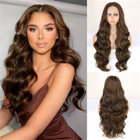 Long Brown Wigs Wavy Lace Front Wigs Layered Ladies Synthetic Wigs