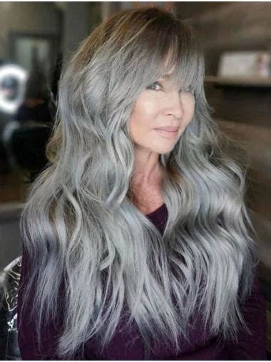 Long Gray Wigs Synthetic With Bangs Wavy Lace Wig Long Hair Wigs For Women