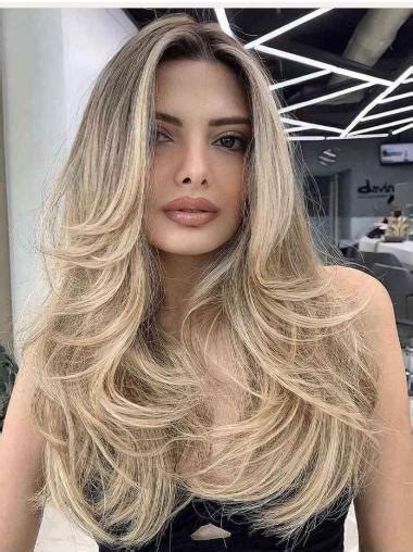 Long Human Hair Wigs Wavy Lace Front Blonde Layered Flipped Out Ends Wigs