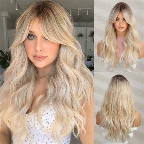 Long Wavy Wigs Synthetic Blonde Lace Front Layered Modern Curtain Bangs Wigs