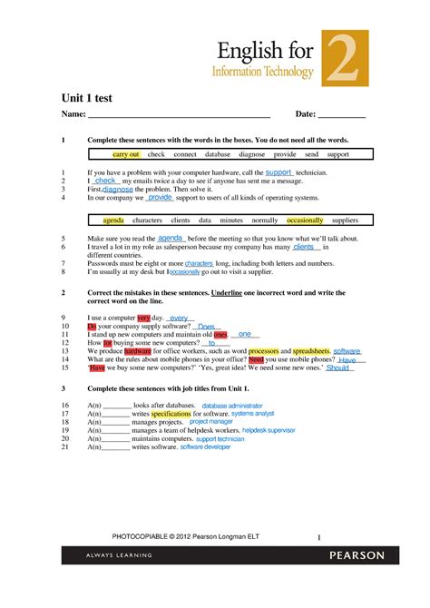 Longman Summit 1 Test Unit 2 Answer PDF