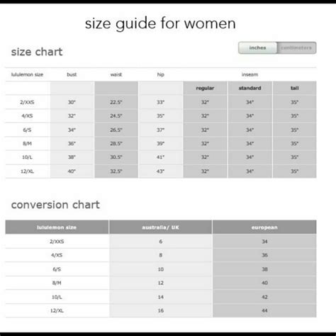 Lululemon Size Chart Top