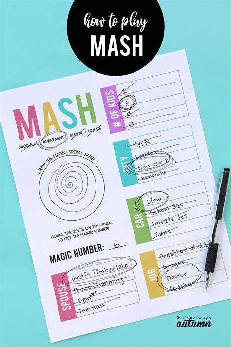 M.a.s.h Game Printable