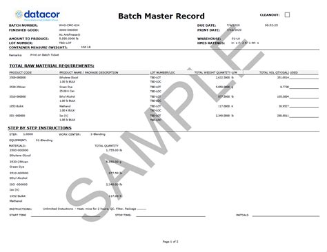 MASTER BATCH PRODUCTION RECORD SAMPLE Ebook Doc