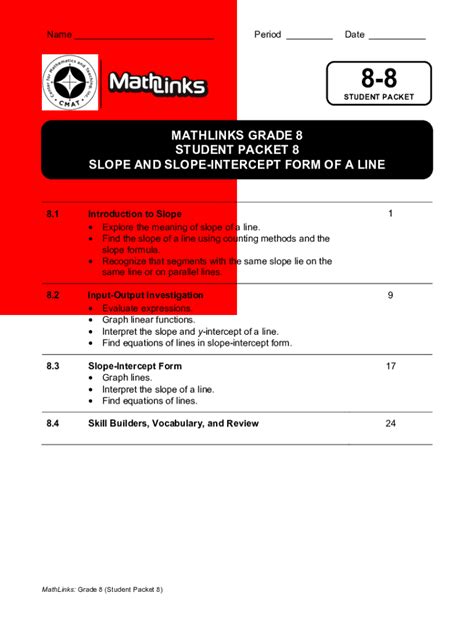 MATHLINKS GRADE 8 STUDENT PACKET 8 SLOPE AND  Ebook Kindle Editon