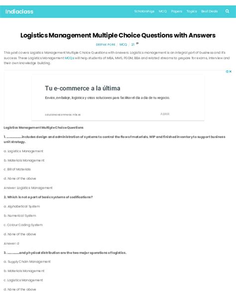 MULTIPLE CHOICE QUESTIONS ANSWERS LOGISTICS MANAGEMENT Ebook Kindle Editon