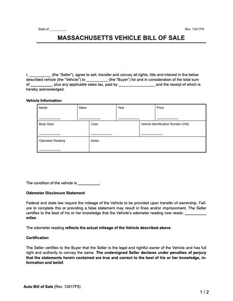 Ma Auto Bill Of Sale Template
