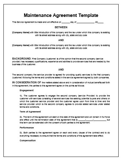 Maintenance Agreement Contract Template