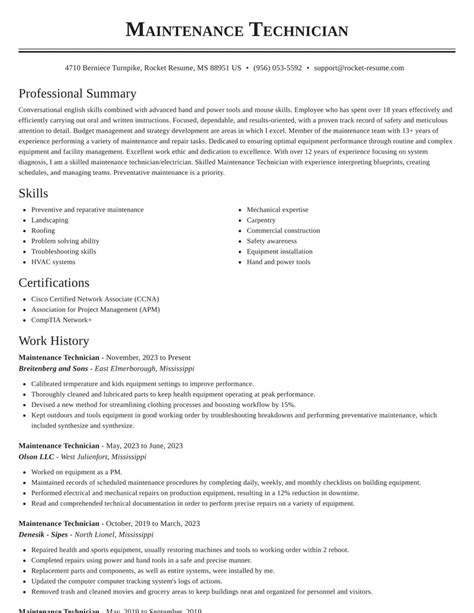 Maintenance Technician Resume Template