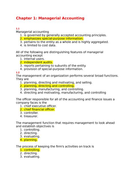 Managerial Accounting Chapter 1 Answers Reader