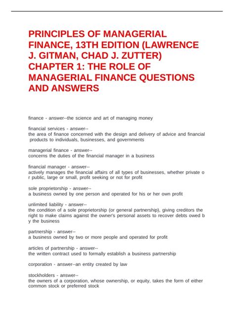 Managerial Finance By Gitman Short Answer Questions Doc