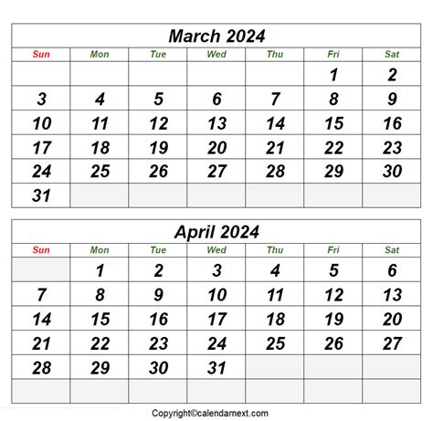 March April 2024 Calendar Printable