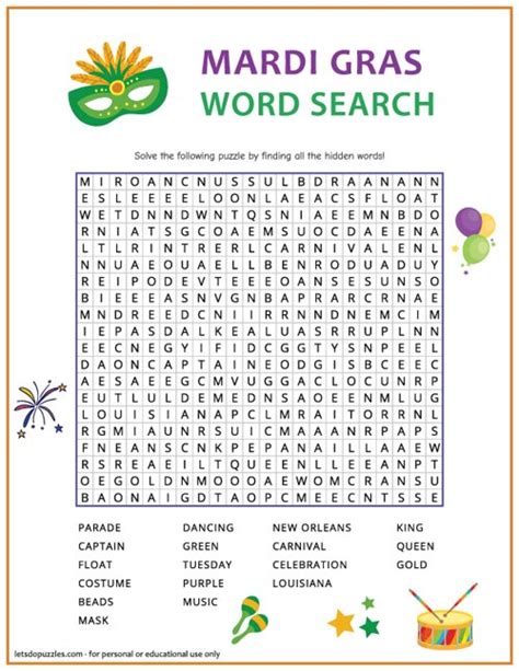 Mardi Gras Word Search Free Printable