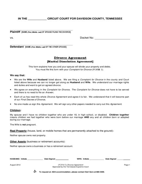 Marital Dissolution Agreement Home Tennessee PDF