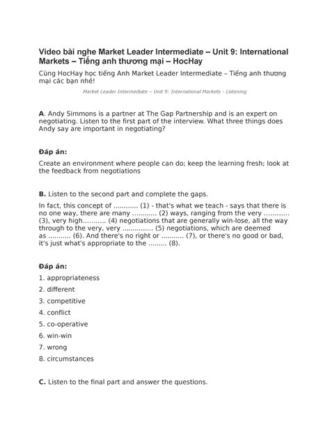 Market Leader Intermediate Unit 9 Test Answers Reader