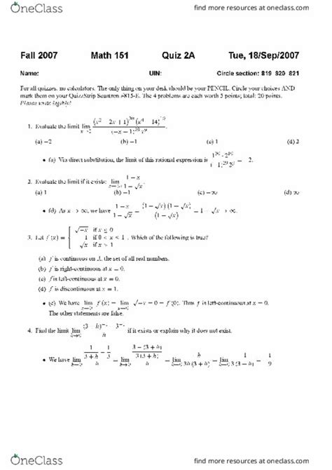 Math 151 Quiz Answers Doc