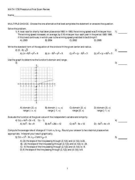 Math 1730 Precalculus Final Exam Review Answers Reader