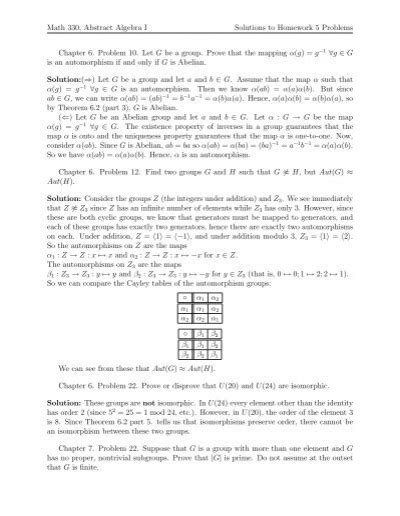 Math 330 Abstract Algebra I Solutions To Homework 5 Problems Kindle Editon