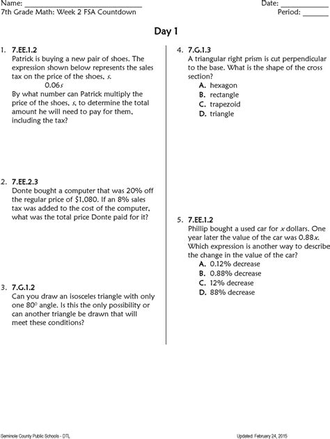 Math 8 Countdown Week 7 Answers PDF