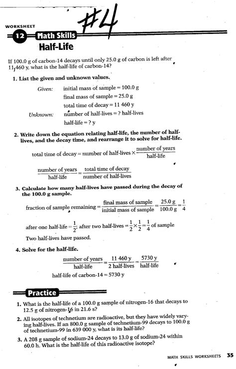 Math Skills Half Life Worksheet Answers PDF