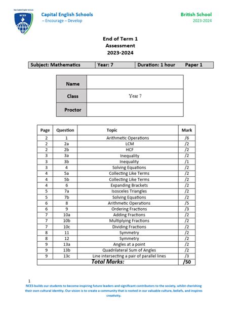 Mathematics Year 7 Paper 1 Test Answers Reader