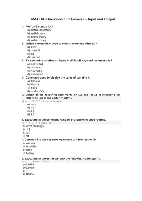 Matlab Exam Questions And Answers Doc