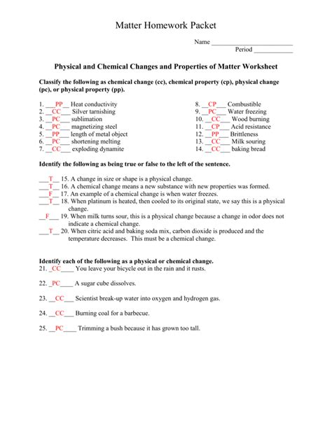 Matter Homework Packet Answers Doc