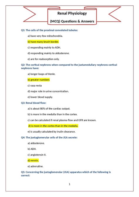 Mcq For Renal Physiology With Answer Kindle Editon