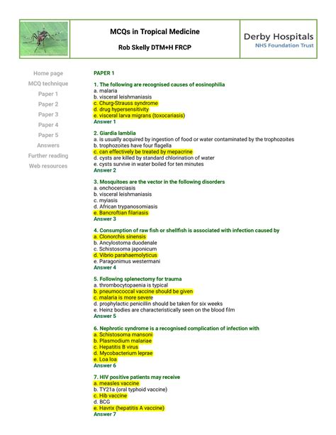 Mcq In Tropical Medicine With Answers Reader