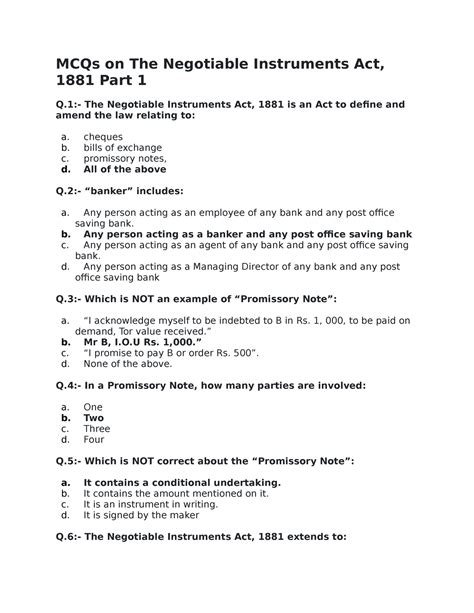 Mcq On Negotiable Instrument Act With Answers Doc