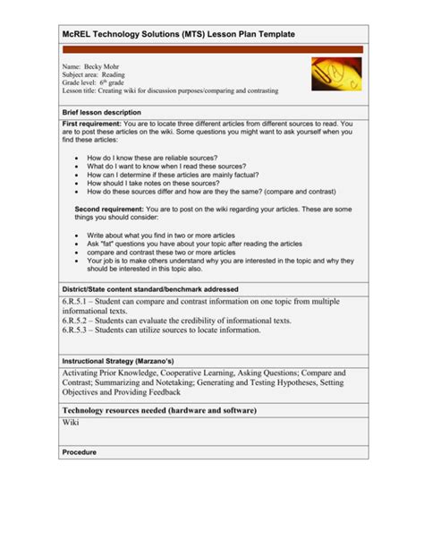 Mcrel Technology Solutions Mts Lesson Plan Template 2 PDF