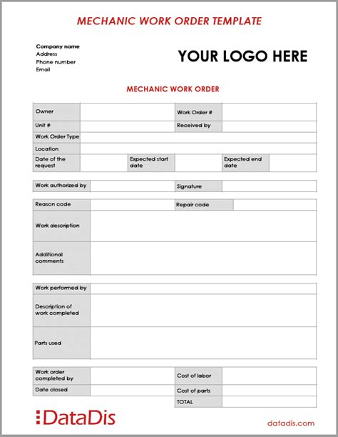 Mechanic Work Order Template Word