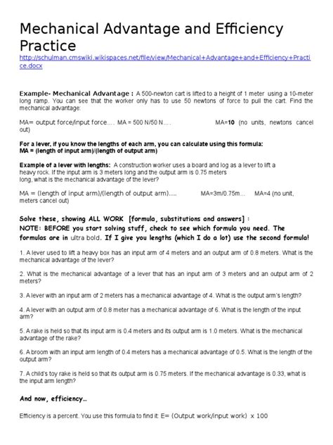 Mechanical Advantage And Efficiency Worksheet Answers PDF