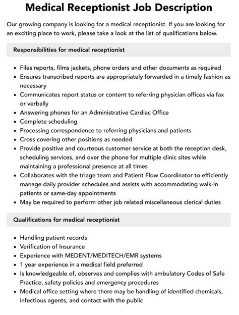 Medical Receptionist Description Duties