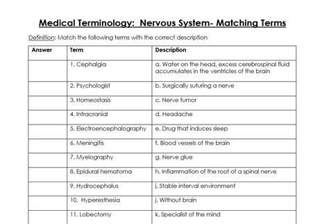 Medical Terminology The Nervous System Answers Doc