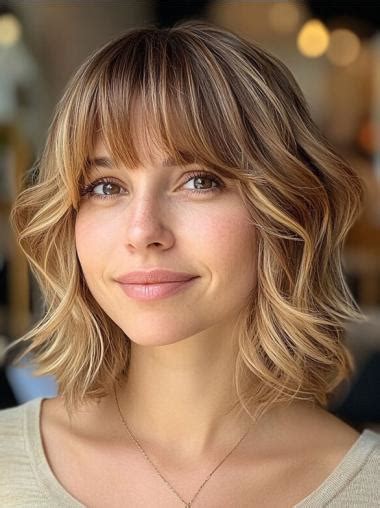 Medium Blonde Wig With Bangs Remy Human Hair Chin Length Monofilament Wavy 12" Wigs