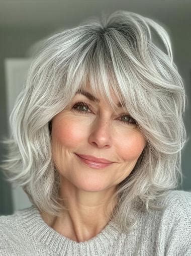 Medium Length Lace Front Wigs Wavy With Bangs Grey Synthetic 12" Wigs