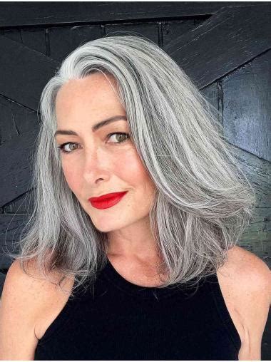 Medium Length Layered Wigs Synthetic Lace Front Wigs Straight Grey Wigs