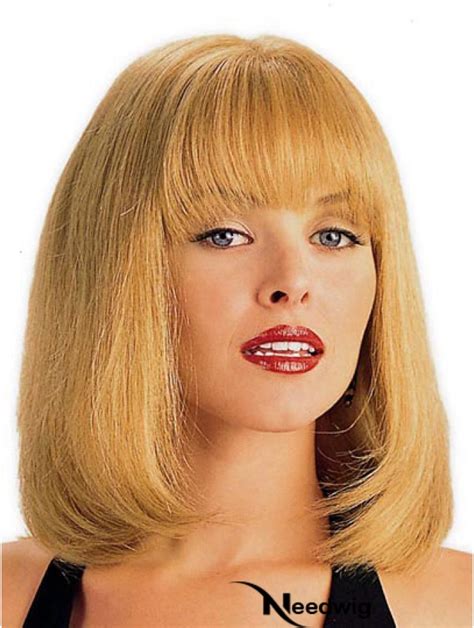 Medium Wig For Woman With Bangs Shoulder Length Remy Human Hair Blonde Wigs