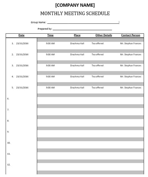 Meeting Schedule Excel Template