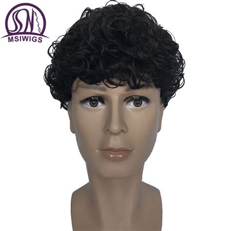 Mens Synthetic Wigs Wavy Monofilament 4" Black Wigs