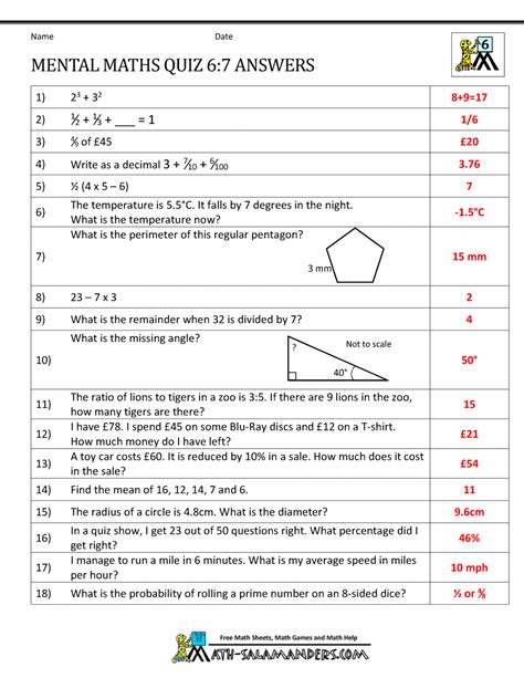 Mental Maths Quiz Questions With Answers PDF